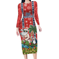 Custom Hawaii Christmas Family Matching Long Sleeve Bodycon Dress and Hawaiian Shirt The Santa Surfing Hawaii Xmas Style LT03 Mom's Dress Red - Polynesian Pride