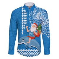Custom Hawaii Mele Kalikimaka Family Matching Long Sleeve Bodycon Dress and Hawaiian Shirt Santa Riding The DolPhin Mix Kakau Pattern Blue Style LT03 Dad's Shirt - Long Sleeve Blue - Polynesian Pride