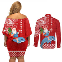 Custom Hawaii Mele Kalikimaka Couples Matching Off Shoulder Short Dress and Long Sleeve Button Shirt Santa Riding The DolPhin Mix Kakau Pattern Red Style LT03 - Polynesian Pride