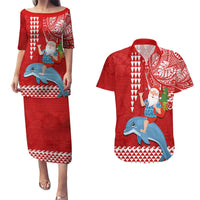 Custom Hawaii Mele Kalikimaka Couples Matching Puletasi Dress and Hawaiian Shirt Santa Riding The DolPhin Mix Kakau Pattern Red Style LT03 Red - Polynesian Pride