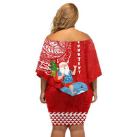 Custom Hawaii Mele Kalikimaka Off Shoulder Short Dress Santa Riding The DolPhin Mix Kakau Pattern Red Style LT03 - Polynesian Pride