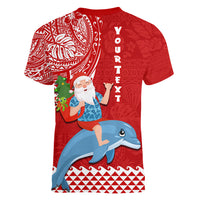 Custom Hawaii Mele Kalikimaka Women V Neck T Shirt Santa Riding The DolPhin Mix Kakau Pattern Red Style LT03 - Polynesian Pride