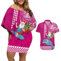 Custom Hawaii Mele Kalikimaka Couples Matching Off Shoulder Short Dress and Hawaiian Shirt Santa Riding The DolPhin Mix Kakau Pattern Pink Style LT03 Pink - Polynesian Pride