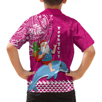 Custom Hawaii Mele Kalikimaka Family Matching Off Shoulder Maxi Dress and Hawaiian Shirt Santa Riding The DolPhin Mix Kakau Pattern Pink Style LT03 - Polynesian Pride