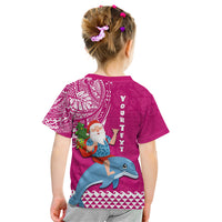 Custom Hawaii Mele Kalikimaka Kid T Shirt Santa Riding The DolPhin Mix Kakau Pattern Pink Style LT03 - Polynesian Pride
