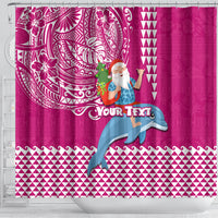 Custom Hawaii Mele Kalikimaka Shower Curtain Santa Riding The DolPhin Mix Kakau Pattern Pink Style LT03 - Polynesian Pride