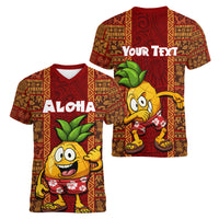 Custom Hawaii Women V Neck T Shirt Aloha Funny Pineapple Mix Kakau Hawaiian Tribal LT03 - Polynesian Pride