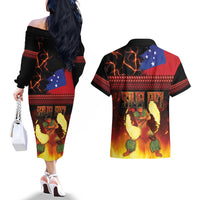 Samoan Siva Afi Couples Matching Off The Shoulder Long Sleeve Dress and Hawaiian Shirt Tribal Performers of Samoan Fire Knife Dancing LT03 - Polynesian Pride