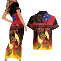 Samoan Siva Afi Couples Matching Short Sleeve Bodycon Dress and Hawaiian Shirt Tribal Performers of Samoan Fire Knife Dancing LT03 - Polynesian Pride