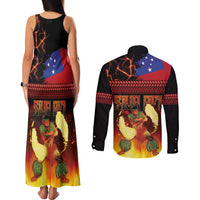 Samoan Siva Afi Couples Matching Tank Maxi Dress and Long Sleeve Button Shirt Tribal Performers of Samoan Fire Knife Dancing