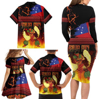 Samoan Siva Afi Family Matching Long Sleeve Bodycon Dress and Hawaiian Shirt Tribal Performers of Samoan Fire Knife Dancing LT03 - Polynesian Pride