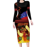 Samoan Siva Afi Family Matching Long Sleeve Bodycon Dress and Hawaiian Shirt Tribal Performers of Samoan Fire Knife Dancing LT03 Mom's Dress Black - Polynesian Pride