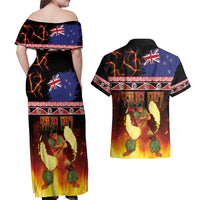 Aotearoa Siva Afi Couples Matching Off Shoulder Maxi Dress and Hawaiian Shirt Tribal Performers of Aotearoa Fire Knife Dancing LT03 - Polynesian Pride
