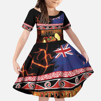 Aotearoa Siva Afi Family Matching Short Sleeve Bodycon Dress and Hawaiian Shirt Tribal Performers of Aotearoa Fire Knife Dancing LT03 Daughter's Dress Black - Polynesian Pride