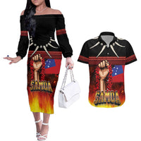 Personalised Samoan Spirit - Samoa Tribal Heritage Couples Matching Off The Shoulder Long Sleeve Dress and Hawaiian Shirt