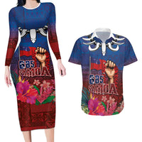 Proud of Samoa Couples Matching Long Sleeve Bodycon Dress and Hawaiian Shirt Ula Nifo with Samoa 685 and Hibiscus Tapa Tribal Pattern LT03 Blue - Polynesian Pride