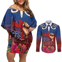 Proud of Samoa Couples Matching Off Shoulder Short Dress and Long Sleeve Button Shirt Ula Nifo with Samoa 685 and Hibiscus Tapa Tribal Pattern