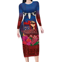 Proud of Samoa Family Matching Long Sleeve Bodycon Dress and Hawaiian Shirt Ula Nifo with Samoa 685 and Hibiscus Tapa Tribal Pattern LT03 Mom's Dress Blue - Polynesian Pride
