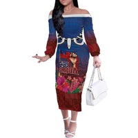Proud of Samoa Family Matching Off The Shoulder Long Sleeve Dress and Hawaiian Shirt Ula Nifo with Samoa 685 and Hibiscus Tapa Tribal Pattern LT03 Mom's Dress Blue - Polynesian Pride