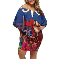 Proud of Samoa Family Matching Off Shoulder Short Dress and Hawaiian Shirt Ula Nifo with Samoa 685 and Hibiscus Tapa Tribal Pattern LT03 Mom's Dress Blue - Polynesian Pride