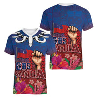 Proud of Samoa Women V-Neck T-Shirt Ula Nifo with Samoa 685 and Hibiscus Tapa Tribal Pattern