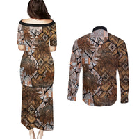 Fiji Masi Tapa Tribal Couples Matching Puletasi and Long Sleeve Button Shirt Old Hibiscus Vintage Style LT03 - Polynesian Pride