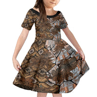 Fiji Masi Tapa Tribal Family Matching Long Sleeve Bodycon Dress and Hawaiian Shirt Old Hibiscus Vintage Style LT03 Daughter's Dress Brown - Polynesian Pride