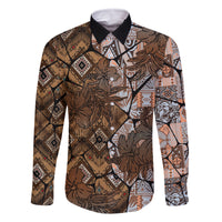 Fiji Masi Tapa Tribal Family Matching Long Sleeve Bodycon Dress and Hawaiian Shirt Old Hibiscus Vintage Style LT03 Dad's Shirt - Long Sleeve Brown - Polynesian Pride