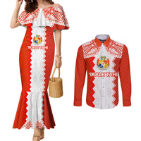 Custom Tonga Rugby Couples Matching Mermaid Dress and Long Sleeve Button Shirt Ikale Tahi Ngatu Tribal Pattern LT03 Orange - Polynesian Pride