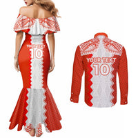 Custom Tonga Rugby Couples Matching Mermaid Dress and Long Sleeve Button Shirt Ikale Tahi Ngatu Tribal Pattern LT03 - Polynesian Pride