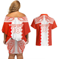 Custom Tonga Rugby Couples Matching Off Shoulder Short Dress and Hawaiian Shirt Ikale Tahi Ngatu Tribal Pattern LT03 - Polynesian Pride