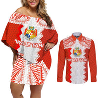 Custom Tonga Rugby Couples Matching Off Shoulder Short Dress and Long Sleeve Button Shirt Ikale Tahi Ngatu Tribal Pattern LT03 Orange - Polynesian Pride