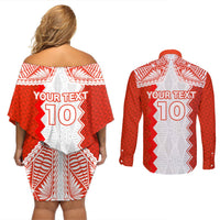 Custom Tonga Rugby Couples Matching Off Shoulder Short Dress and Long Sleeve Button Shirt Ikale Tahi Ngatu Tribal Pattern LT03 - Polynesian Pride