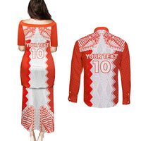 Custom Tonga Rugby Couples Matching Puletasi and Long Sleeve Button Shirt Ikale Tahi Ngatu Tribal Pattern LT03