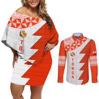 Custom Tonga Rugby Couples Matching Off Shoulder Short Dress and Long Sleeve Button Shirt Ikale Tahi Ngatu Tribal Pattern Half Style LT03 Orange - Polynesian Pride