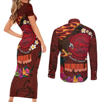 American Samoa Manulele Tausala Nu'uuli Couples Matching Short Sleeve Bodycon Dress and Long Sleeve Button Shirt Tatau Art Pattern with Tropical Plants