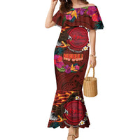 American Samoa Manulele Tausala Nu'uuli Family Matching Mermaid Dress and Hawaiian Shirt Tatau Art Pattern with Tropical Plants LT03 Mom's Dress Red - Polynesian Pride