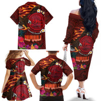 American Samoa Manulele Tausala Nu'uuli Family Matching Off The Shoulder Long Sleeve Dress and Hawaiian Shirt Tatau Art Pattern with Tropical Plants LT03 - Polynesian Pride