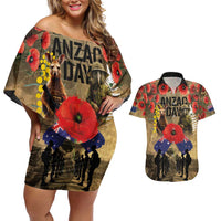 Australia and New Zealand ANZAC Day Couples Matching Off Shoulder Short Dress and Hawaiian Shirt Kangaroo and Kiwi Bird Soldier-Honor and Remember Vintage Style LT03 Beige - Polynesian Pride