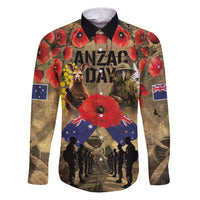 Australia and New Zealand ANZAC Day Family Matching Puletasi and Hawaiian Shirt Kangaroo and Kiwi Bird Soldier-Honor and Remember Vintage Style LT03 Dad's Shirt - Long Sleeve Beige - Polynesian Pride