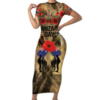 Australia and New Zealand ANZAC Day Family Matching Short Sleeve Bodycon Dress and Hawaiian Shirt Kangaroo and Kiwi Bird Soldier-Honor and Remember Vintage Style LT03 Mom's Dress Beige - Polynesian Pride