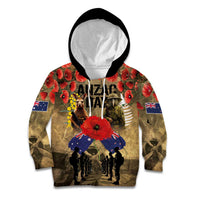 Australia and New Zealand ANZAC Day Kid Hoodie Kangaroo and Kiwi Bird Soldier-Honor and Remember Vintage Style LT03 Hoodie Beige - Polynesian Pride