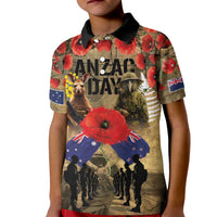 Australia and New Zealand ANZAC Day Kid Polo Shirt Kangaroo and Kiwi Bird Soldier-Honor and Remember Vintage Style LT03 Kid Beige - Polynesian Pride