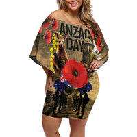 Australia and New Zealand ANZAC Day Off Shoulder Short Dress Kangaroo and Kiwi Bird Soldier-Honor and Remember Vintage Style LT03 Women Beige - Polynesian Pride