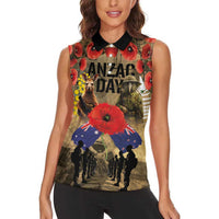Australia and New Zealand ANZAC Day Women Sleeveless Polo Shirt Kangaroo and Kiwi Bird Soldier-Honor and Remember Vintage Style LT03 - Polynesian Pride