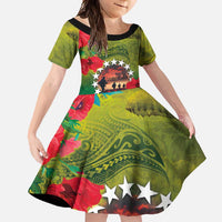 Cook Islands ANDAC Day Family Matching Off Shoulder Maxi Dress and Hawaiian Shirt Honor and Remember Soliders-Forever in My Thoughts Grunge Style LT03 Daughter's Dress Green-Yellow - Polynesian Pride