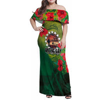 Cook Islands ANDAC Day Family Matching Off Shoulder Maxi Dress and Hawaiian Shirt Honor and Remember Soliders-Forever in My Thoughts Grunge Style LT03 Mom's Dress Green-Yellow - Polynesian Pride