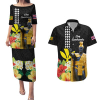 Hawaii King Kamehameha Day Couples Matching Puletasi and Hawaiian Shirt Kanaka Maoli Hibiscus Flower and Kakau Pattern LT03 Black - Polynesian Pride