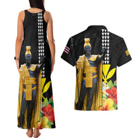 Hawaii King Kamehameha Day Couples Matching Tank Maxi Dress and Hawaiian Shirt Kanaka Maoli Hibiscus Flower and Kakau Pattern