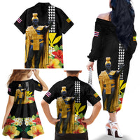 Hawaii King Kamehameha Day Family Matching Off The Shoulder Long Sleeve Dress and Hawaiian Shirt Kanaka Maoli Hibiscus Flower and Kakau Pattern LT03 - Polynesian Pride